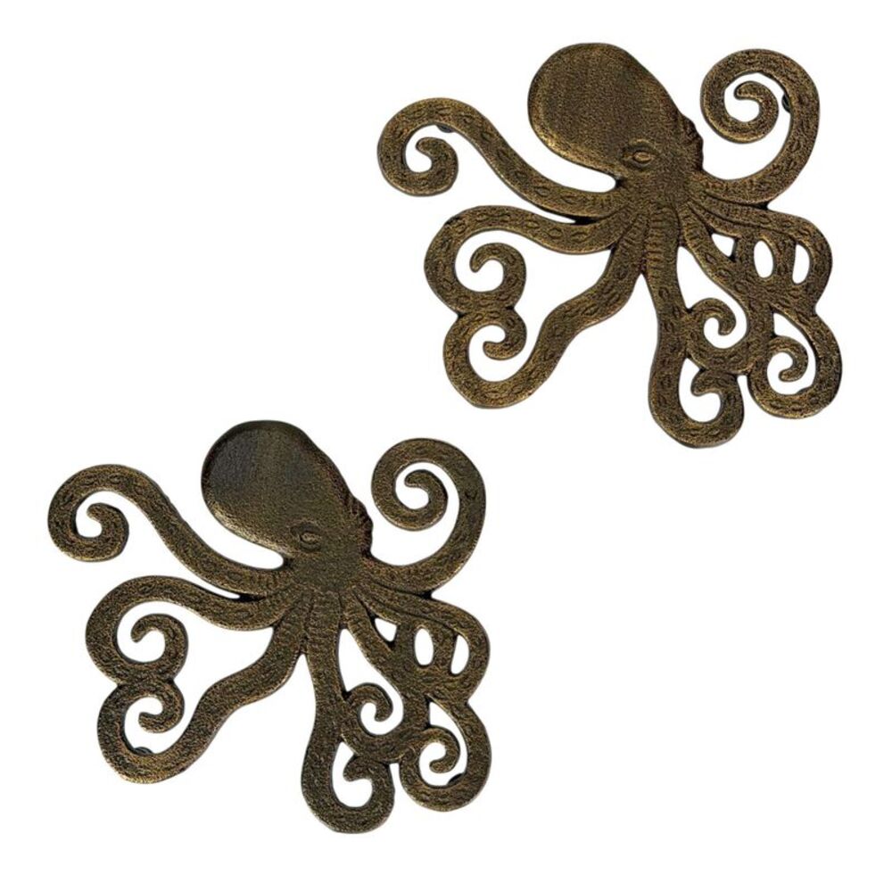 Octopus Trivet Set of 2 Bronze Cast Iron Coastal Kitchen Decor 6.5 In